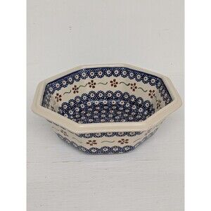 Boleslawiec - Blue Polish Pottery Peacock & Flowers Octagonal Bowl